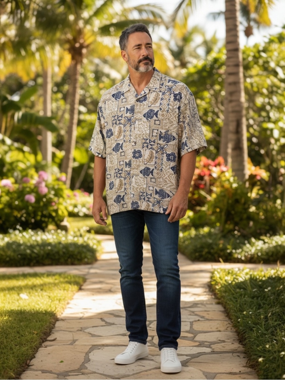 ♥️St. John's Bay♥️Men’s Beige & Navy Hawaiian  Print Short-Sleeve Shirt, Size L